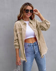 Hot Pink Distressed Denim Jacket Oversized Button Down: Khaki / 65% Cotton+35% Polyester / L