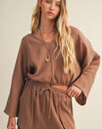 V-neck mocha blouse in gauze fabric with a dolman slv top