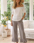 Gingham Casual Ruffled Hem 100%Cotton Cropped Pants VP83379A: Black