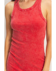 Acid Washed Ribbed Midi Tank Dress: RED / S-M-L(2-2-2)