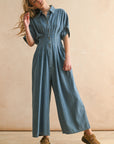 CHAMBRAY DENIM BUTTON DOWN JUMPSUIT: DENIM