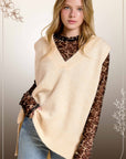 MCS3589-Oversized Soft Knit Sweater Vest with Side Slit: Earl Grey Cream