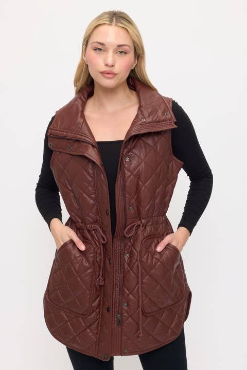 VA8021: Luxe Quilted Faux Leather Vest: Brown / S