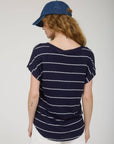 STRIPE V NECK CUFFED SHORT SLEEVE KNIT TOP: CREAM