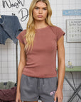 RAGLAN EXPOSED SEAM SHORT SLEEVE KNIT TOP: LIGHT OLIVE