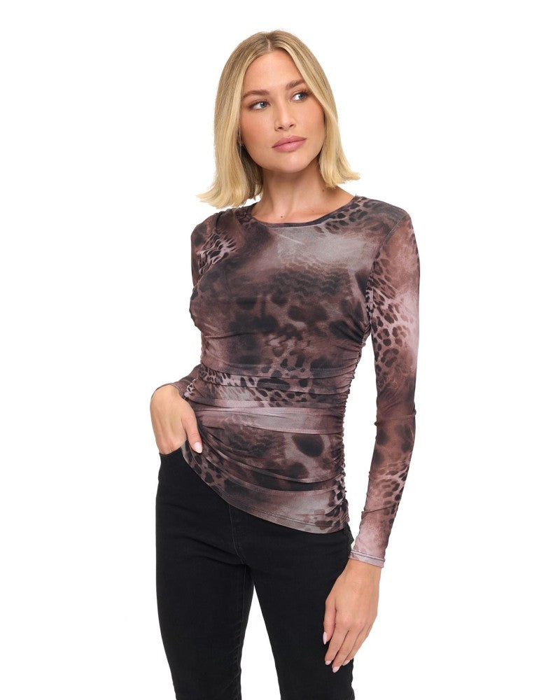 LONG SLV ANIMAL PRINT MESH TOP
