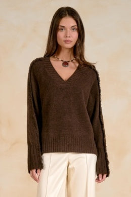 BROWN V-NECK SWEATER W/FRAY DETAIL