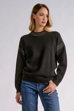 BLACK CREWNK RHINESTONE SWEATER