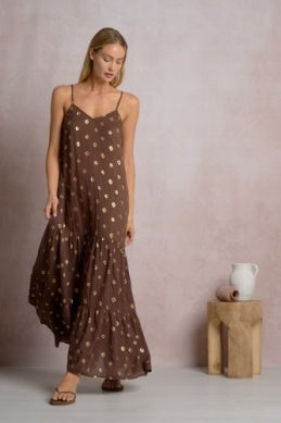 BROWN POLKA DOT MAXI DRESS No Roots Boutique BROWN POLKA DOT MAXI DRESS No Roots Boutique