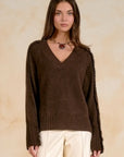 BROWN V-NECK SWEATER W/FRAY DETAIL