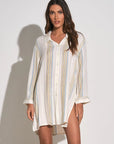 AQUA STRIPE BOYFRIEND SHIRT/COVERUP
