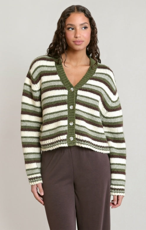 DEX GREEN/BROWN STRIPED CARDIGAN