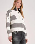 HEATHER GREY/WHITE STRIPE 3/4 ZIP SWEATER
