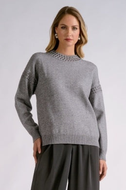 GREY CREWNK RHINESTONE SWEATER