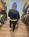 BLACK FAUX LEATHER BOMBER W/STIPE DETAILS