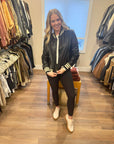BLACK FAUX LEATHER BOMBER W/STIPE DETAILS
