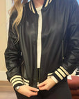 BLACK FAUX LEATHER BOMBER W/STIPE DETAILS