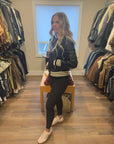BLACK FAUX LEATHER BOMBER W/STIPE DETAILS