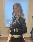 BLACK FAUX LEATHER BOMBER W/STIPE DETAILS