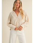 LACE TRIMMED BUTTON-DOWN SHIRT/OATMEAL