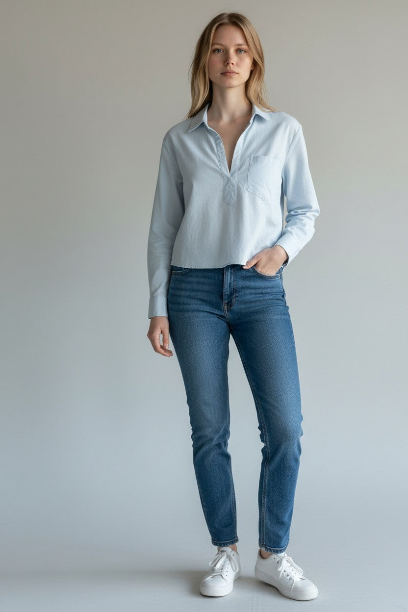 AQUA VNECK COLLARED TOP