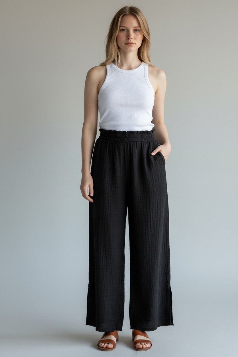 BLACK ELASTIC WAIST PANTS W/SIDESLIT