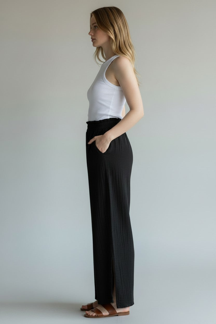 BLACK ELASTIC WAIST PANTS W/SIDESLIT