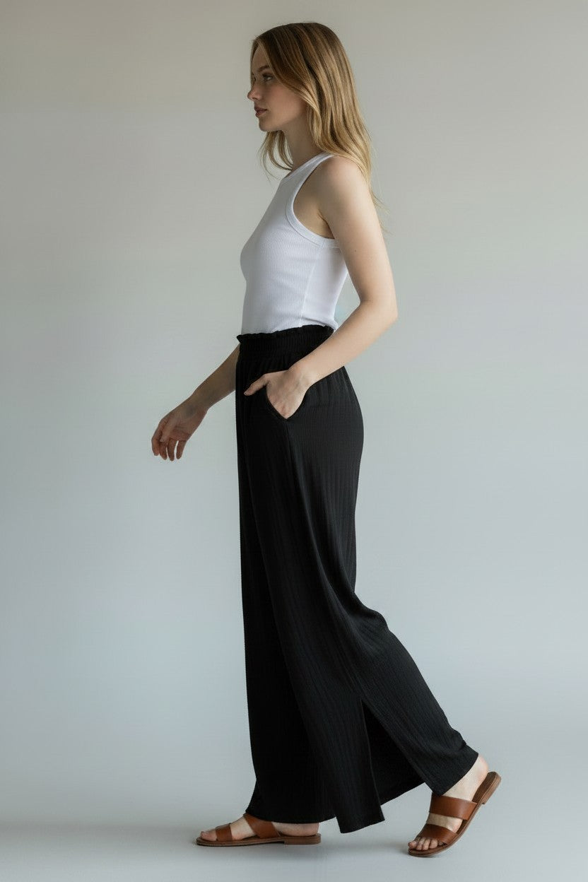 BLACK ELASTIC WAIST PANTS W/SIDESLIT