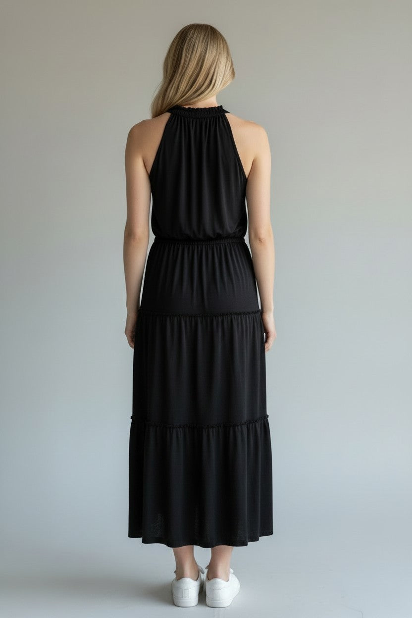BLACK SOFT TIERED MIDI DRESS