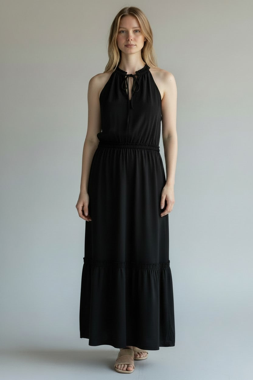 BLACK SOFT TIERED MIDI DRESS