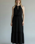 BLACK SOFT TIERED MIDI DRESS