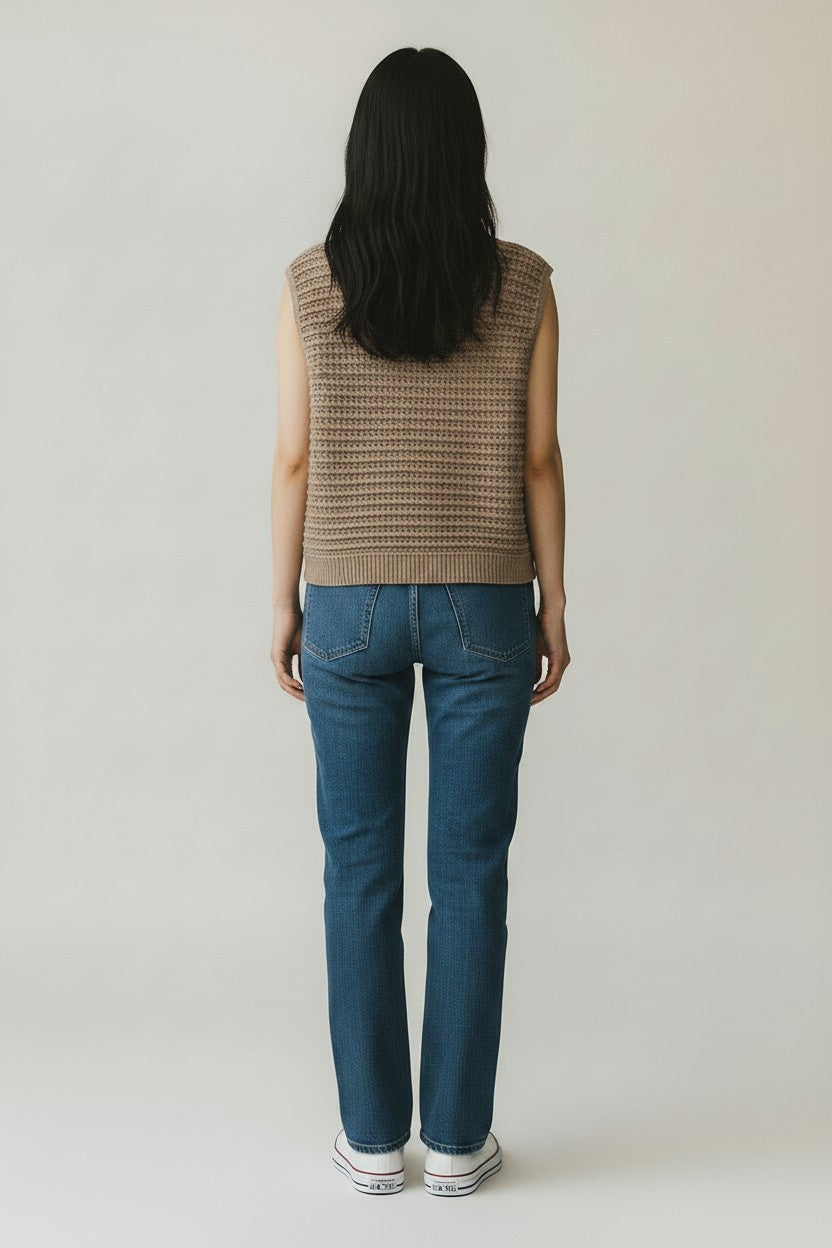 SLVLESS CAMEL SWEATER W/FRONT BUTTON DETAIL