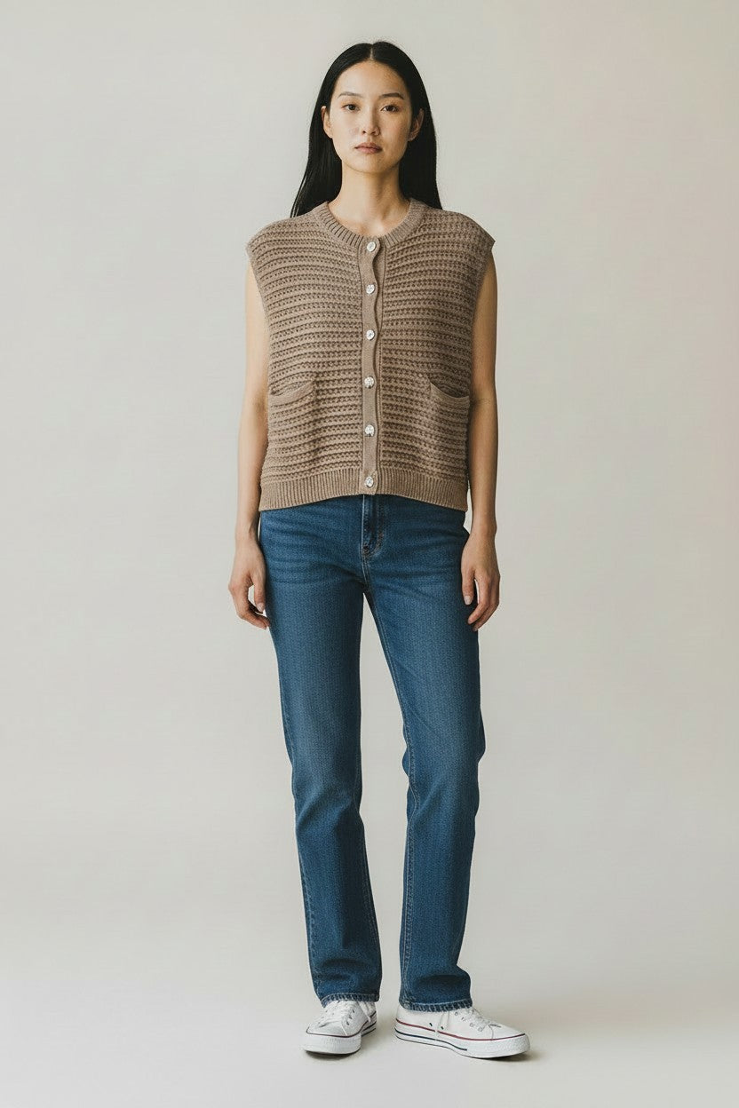 SLVLESS CAMEL SWEATER W/FRONT BUTTON DETAIL