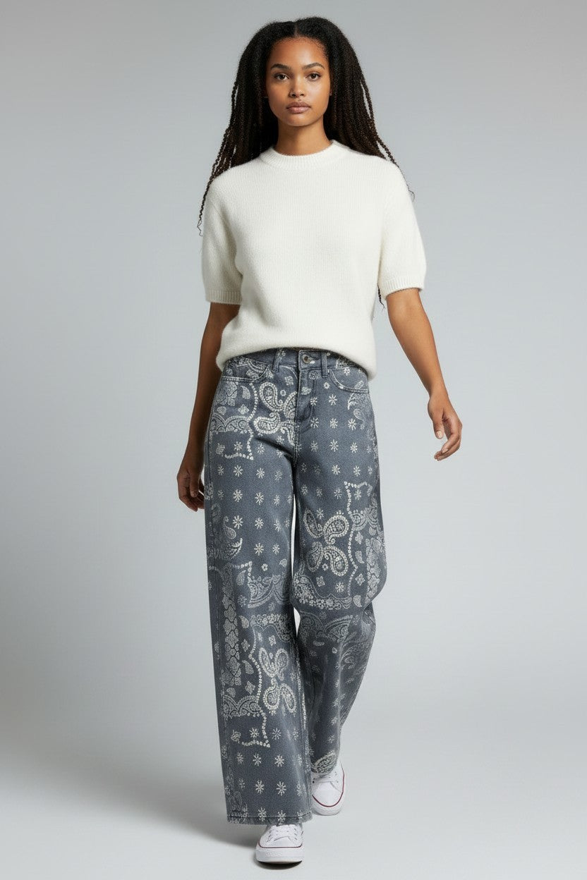 WIDE LEG BANDANA PRINT JEANS