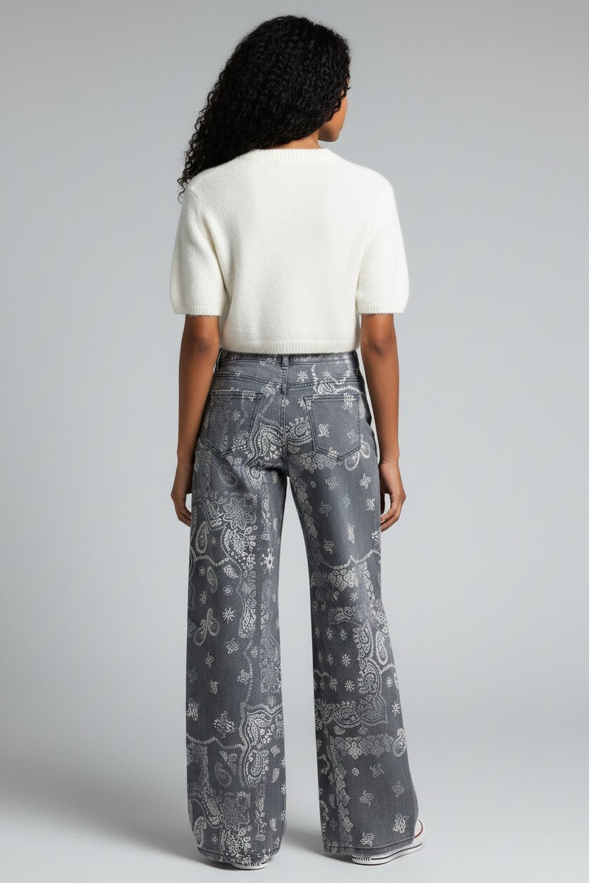 WIDE LEG BANDANA PRINT JEANS