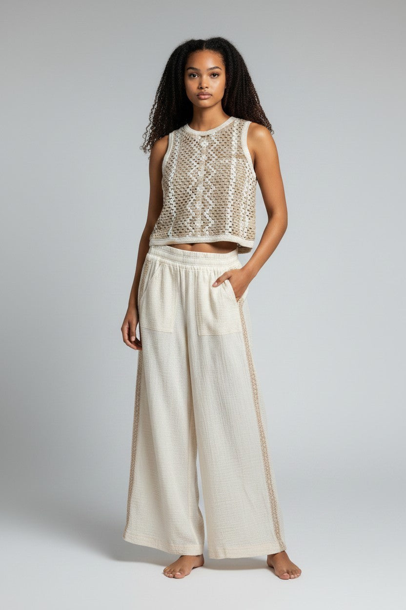 CREAM GAUZE PANT WITH SIDE DETAIL