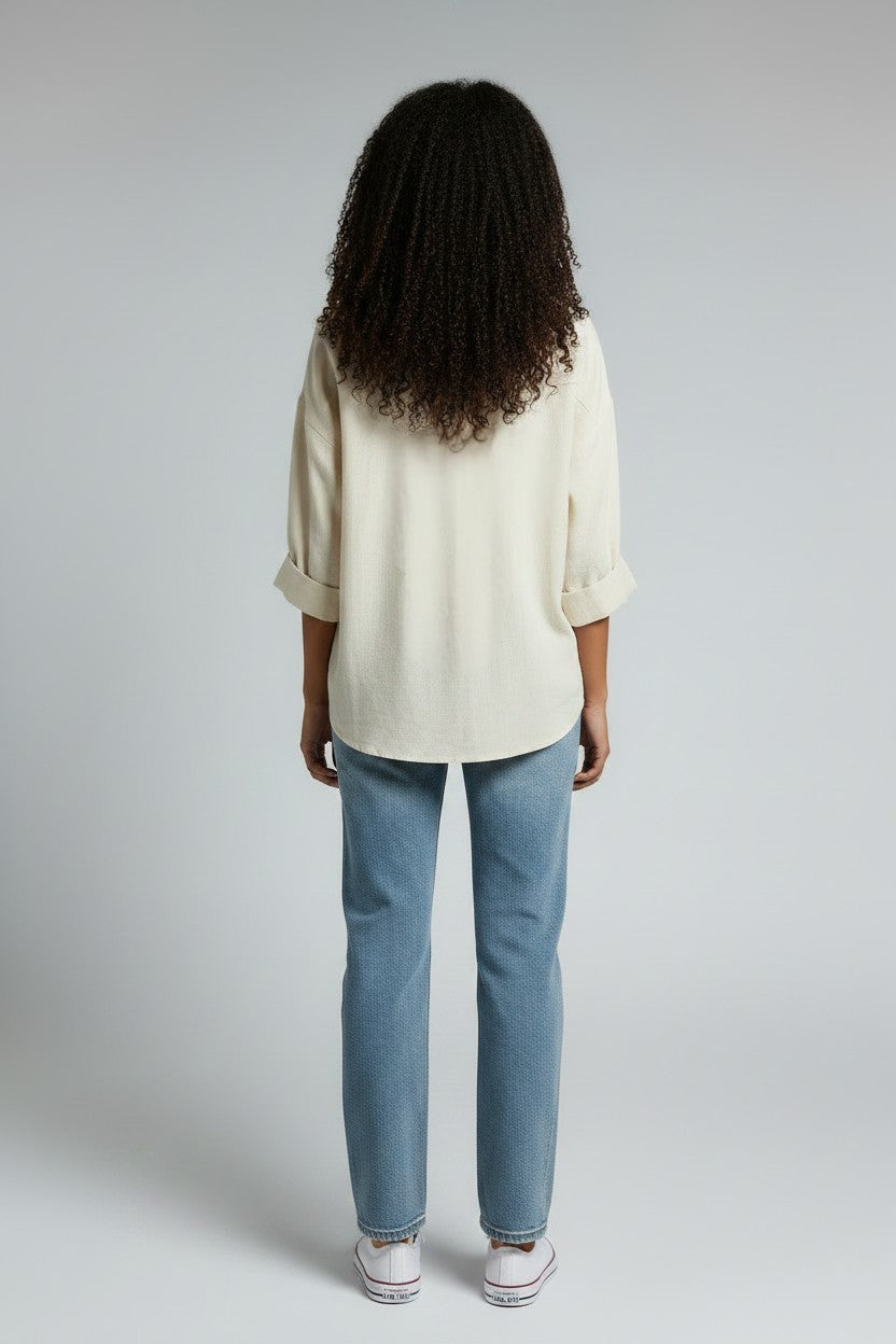 LINEN BLOUSE W/TURN-UP SLV