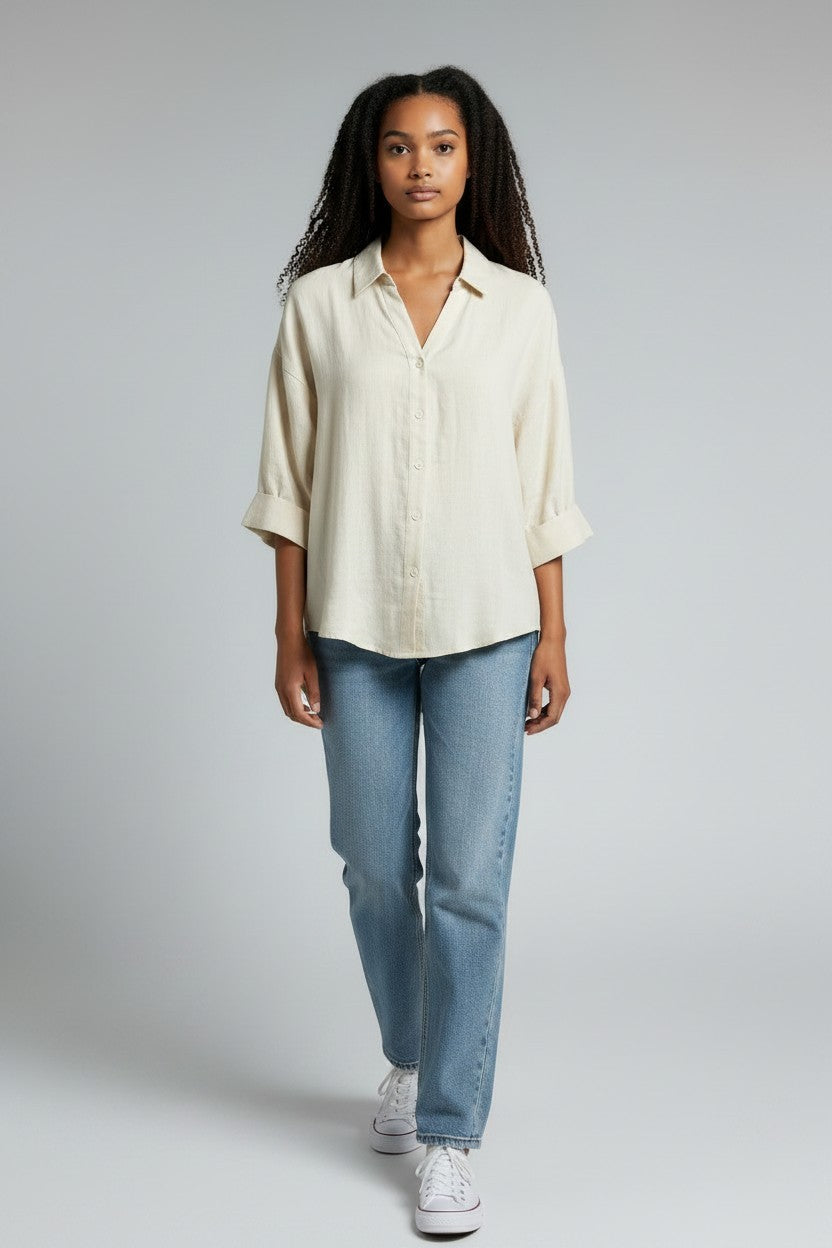LINEN BLOUSE W/TURN-UP SLV