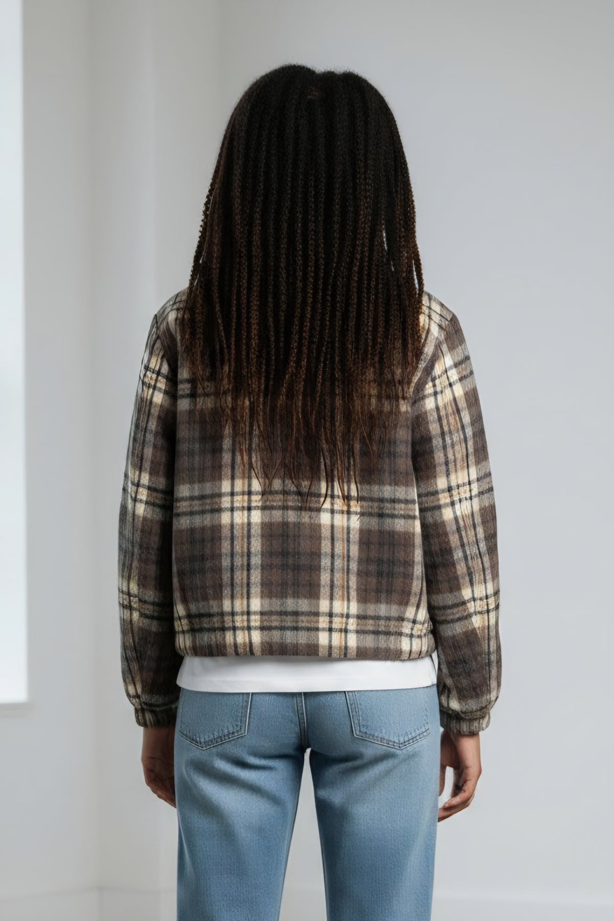 CHOCOLATE PLAID BOMBER JACKET