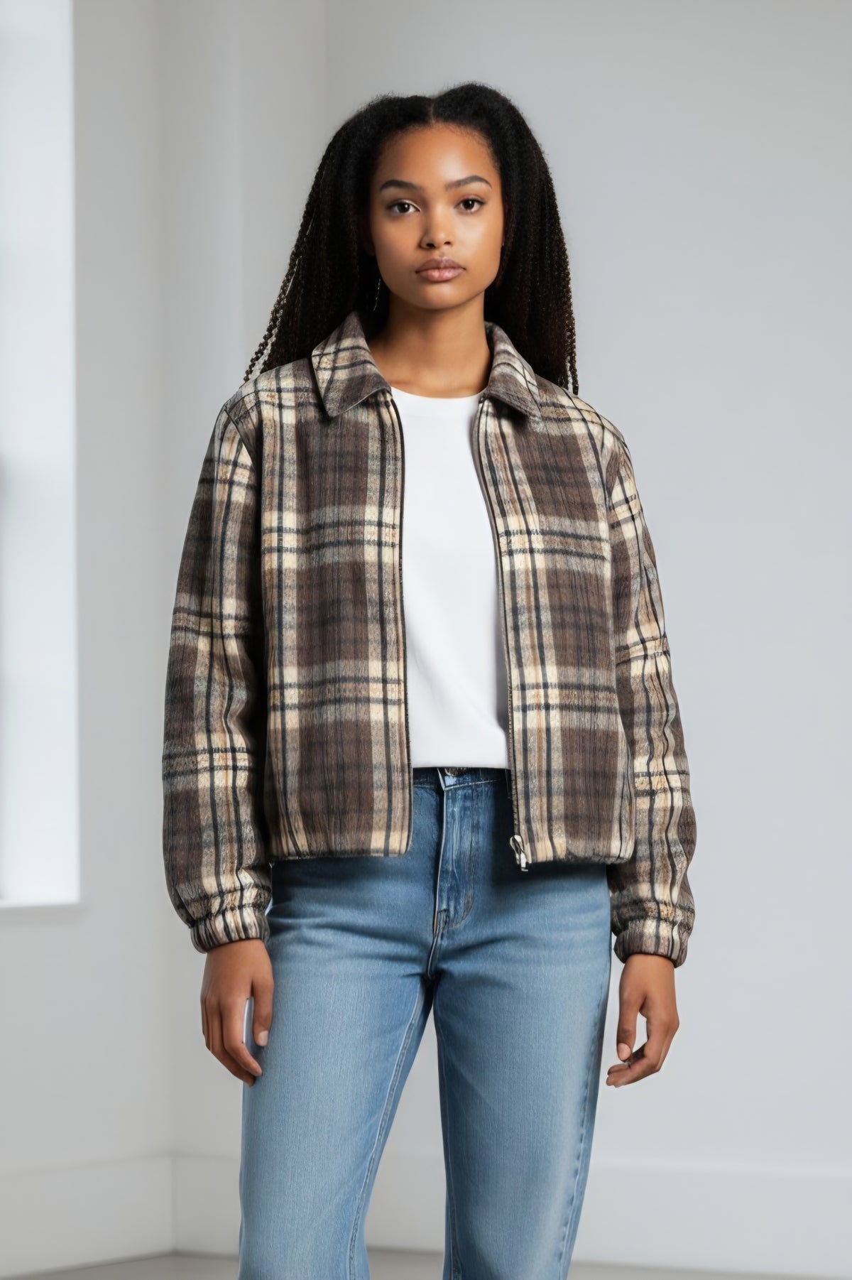CHOCOLATE PLAID BOMBER JACKET
