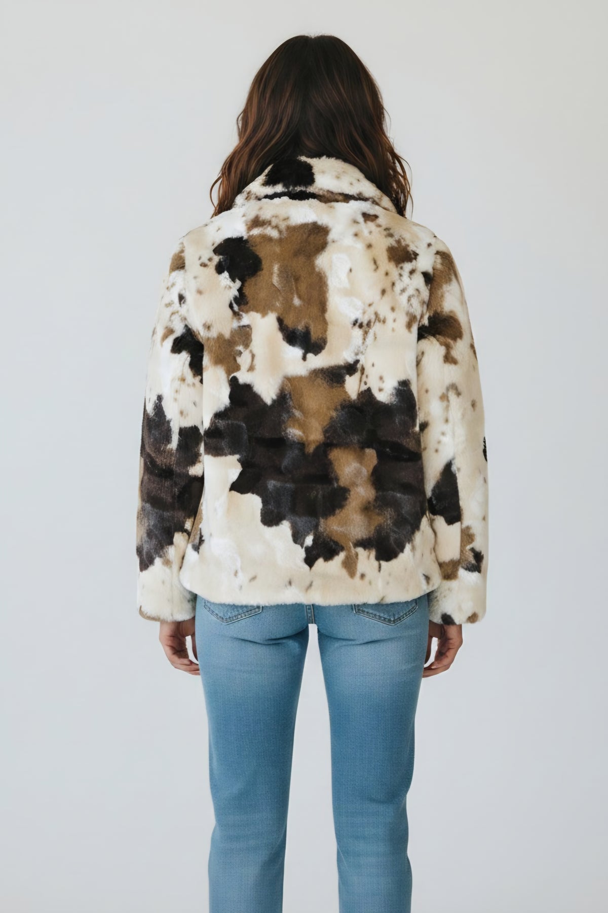 COW PATTERN LONG SLV FAUX FUR JACKET