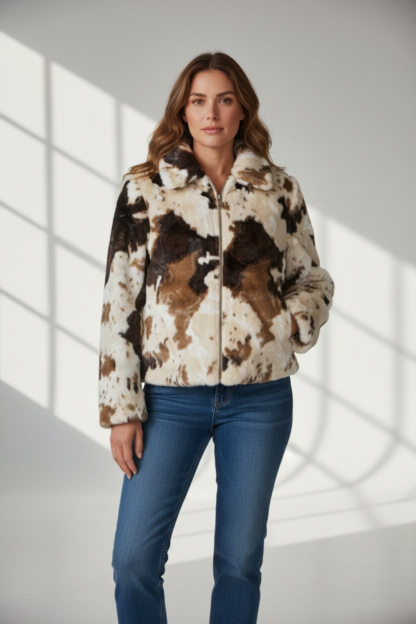 COW PATTERN LONG SLV FAUX FUR JACKET