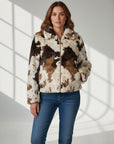 COW PATTERN LONG SLV FAUX FUR JACKET