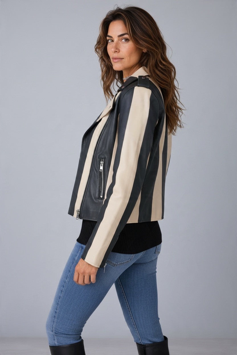 BEIGE/BLACK STRIPED LEATHER JACKET
