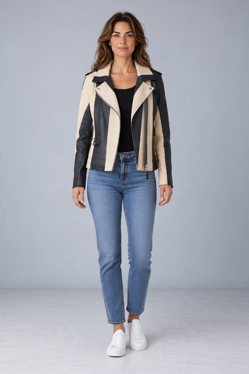 BEIGE/BLACK STRIPED LEATHER JACKET