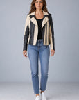 BEIGE/BLACK STRIPED LEATHER JACKET