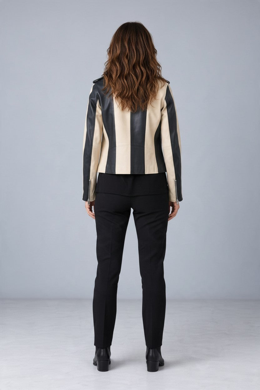 BEIGE/BLACK STRIPED LEATHER JACKET