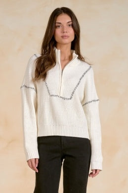 OFF WHITE 1/4 ZIP SWEATER W/BLACK STICH DETAIL