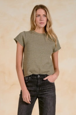 OLIVE SHORT SLV CREW NECK SWEATER