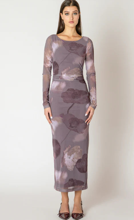 MAUVE FLORAL, PRINTED MESH MAXI DRESS